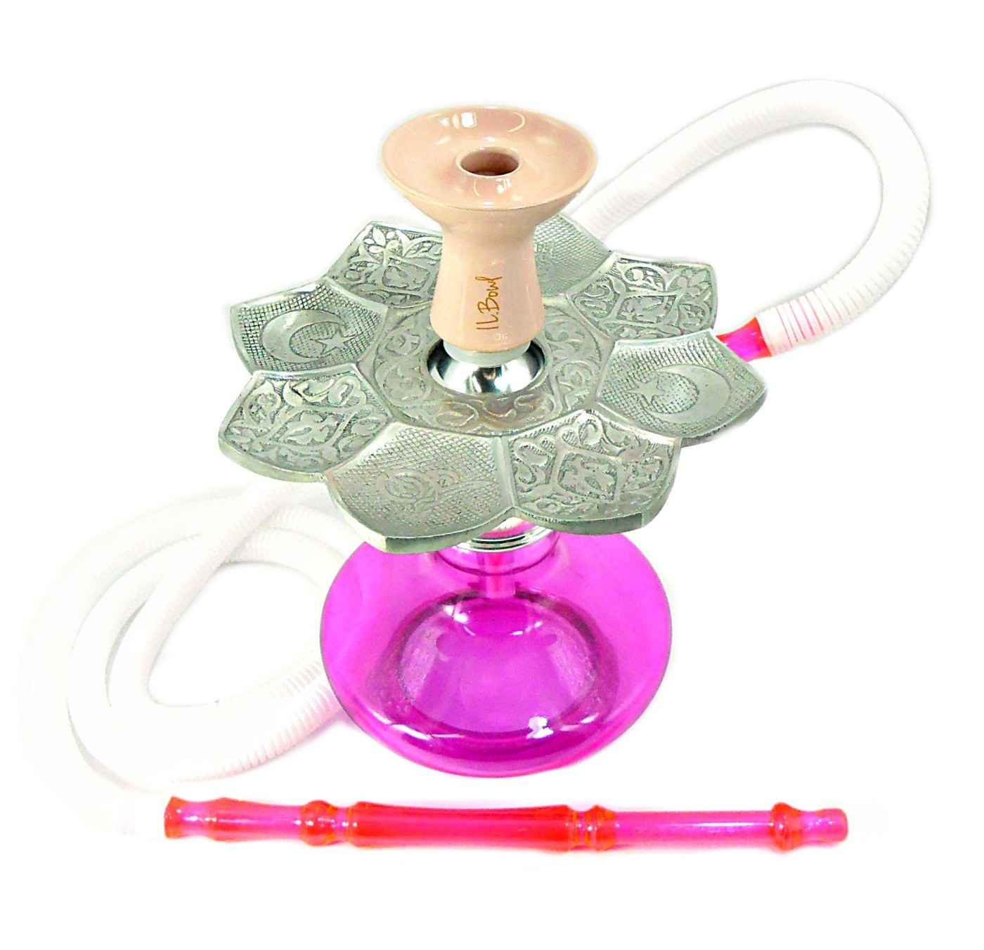 Narguile MD Hookah alumínio, vaso Aladin em vidro rosa, mangueira lavável, prato El Nefes, rosh IL Bowl
