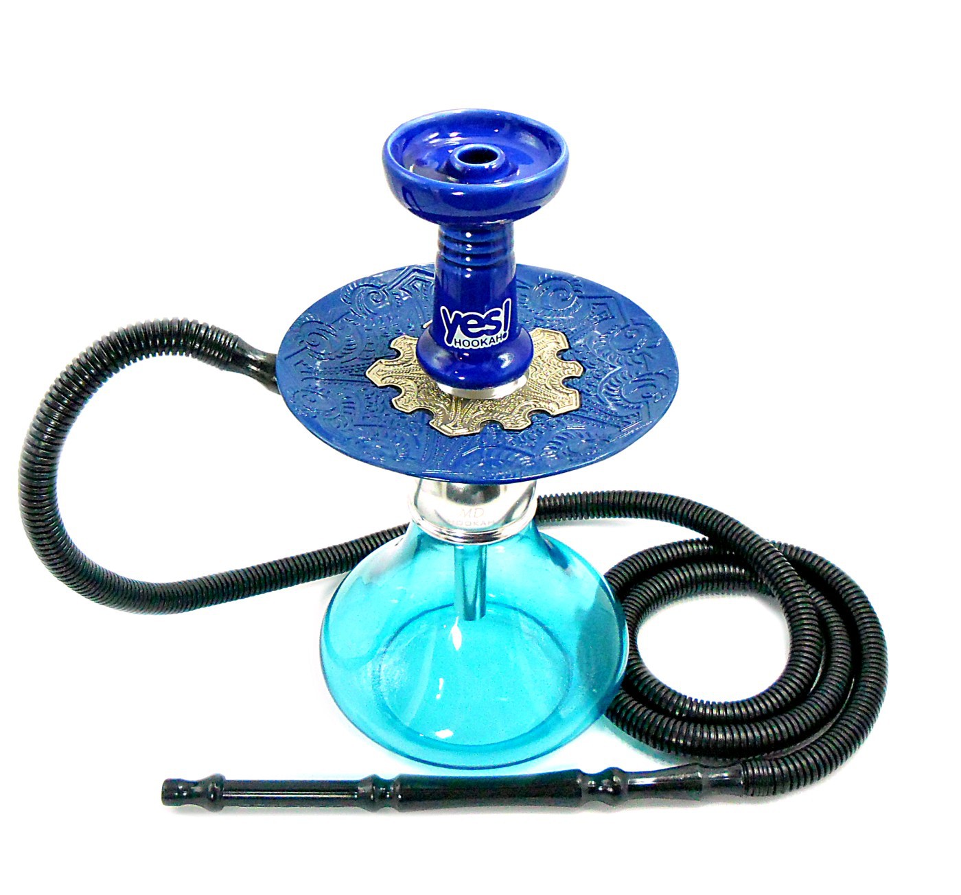 Narguile MD Hookah alumínio, vaso Aladin Yes em vidro azul, mangueira lavável, prato Vennus Azul/crom, rosh Yes Azul
