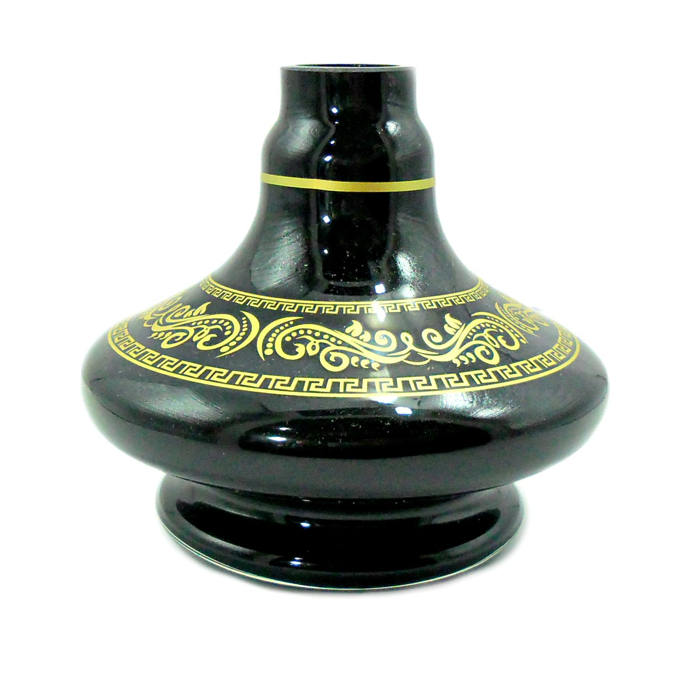 Vaso/base para narguile SHISHA GLASS modelo ALADIN (13,5cm), listras e desenhos dourados. 3,9cm diâm. bocal
