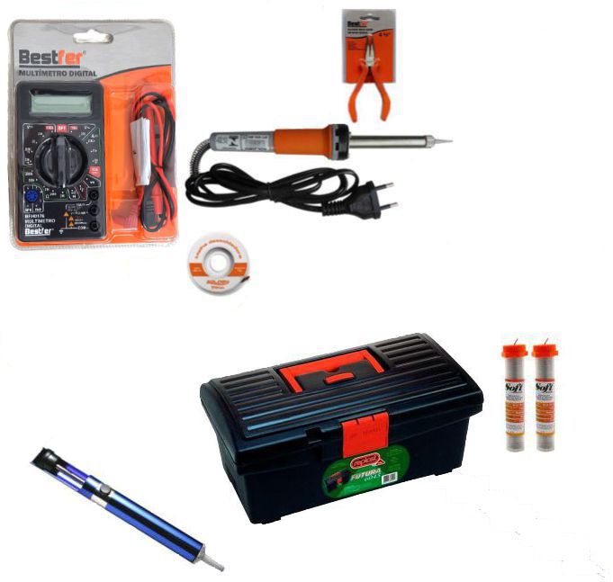 RL005 - Kit Ferramentas Para Eletrônica Solda, Multímetro, Alicate, malha dessoldadora