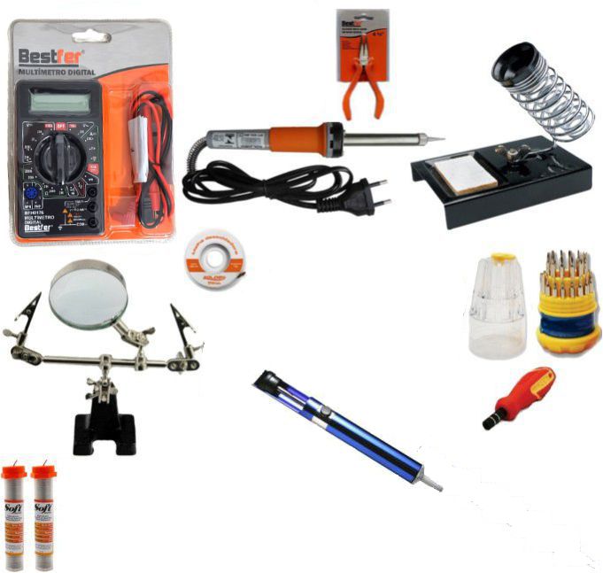 RL006 - Kit Ferramentas Para Eletrônica Solda, Multímetro, Lupa, Alicate, malha dessoldadora