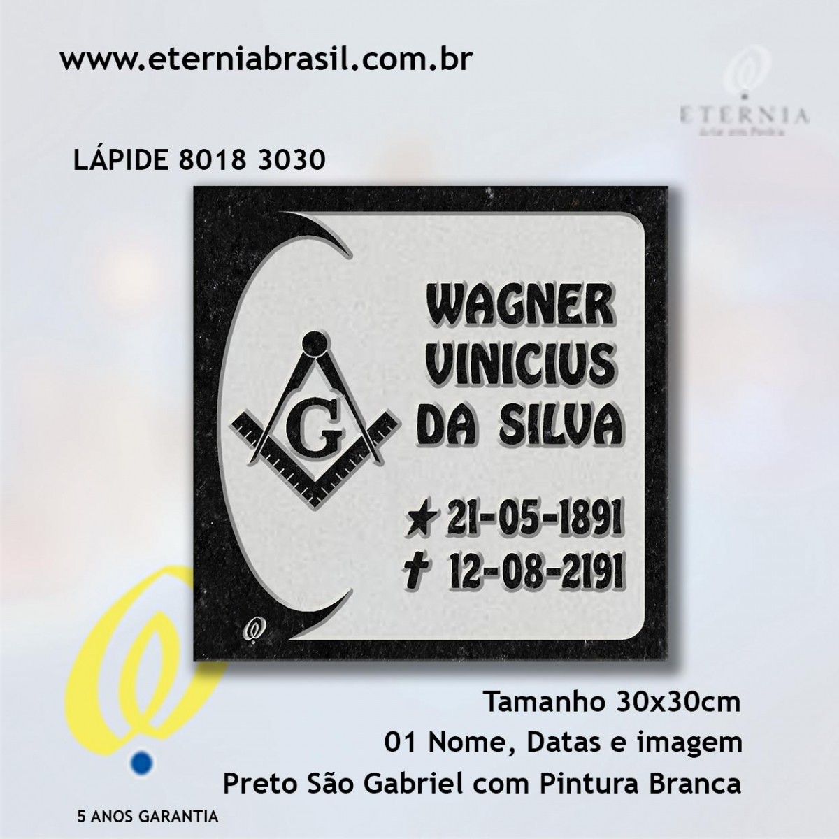 Lápide Placa Maçonaria Modelo 8018 30x30cm 1 Nome, Datas e Mensagem