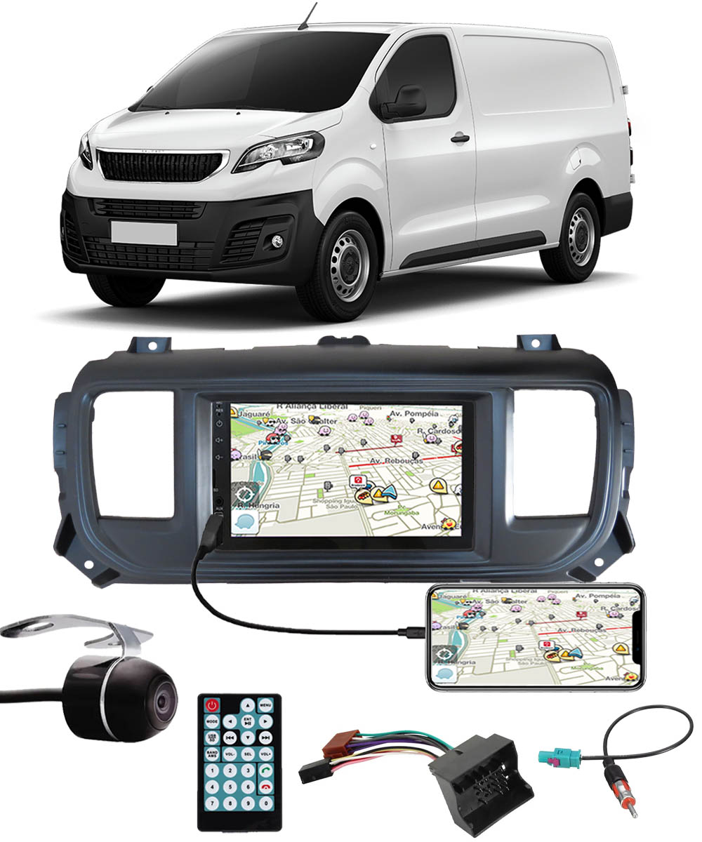 Multimídia Peugeot Expert 2018 em Diante Espelhamento Bluetooth USB SD Card + Moldura + Câmera Borboleta + Chicote + Adaptador de Antena