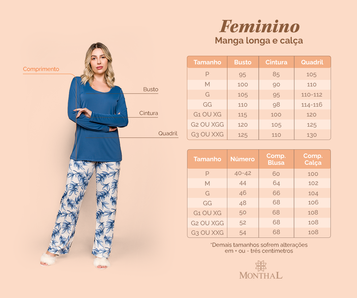 Tabelas de medidas pijama feminino manga longa
