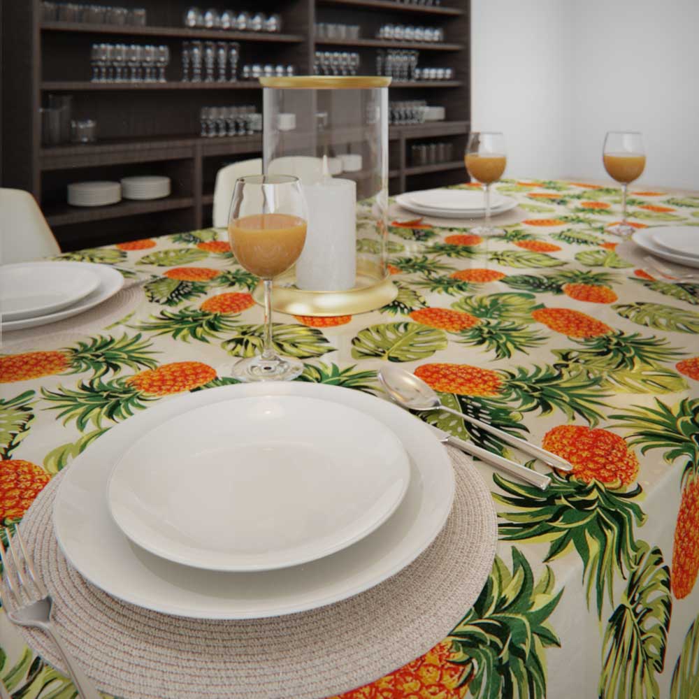 toalha de mesa colorida com estampa de abacaxi 8 lugares retangular