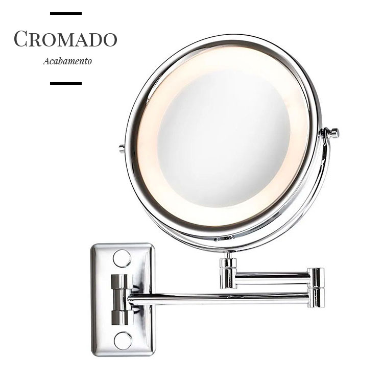 Espelho de Parede Mobile Lux Cromado com Luz, Braço Articulável e Aumento de 5x para Maquiagem