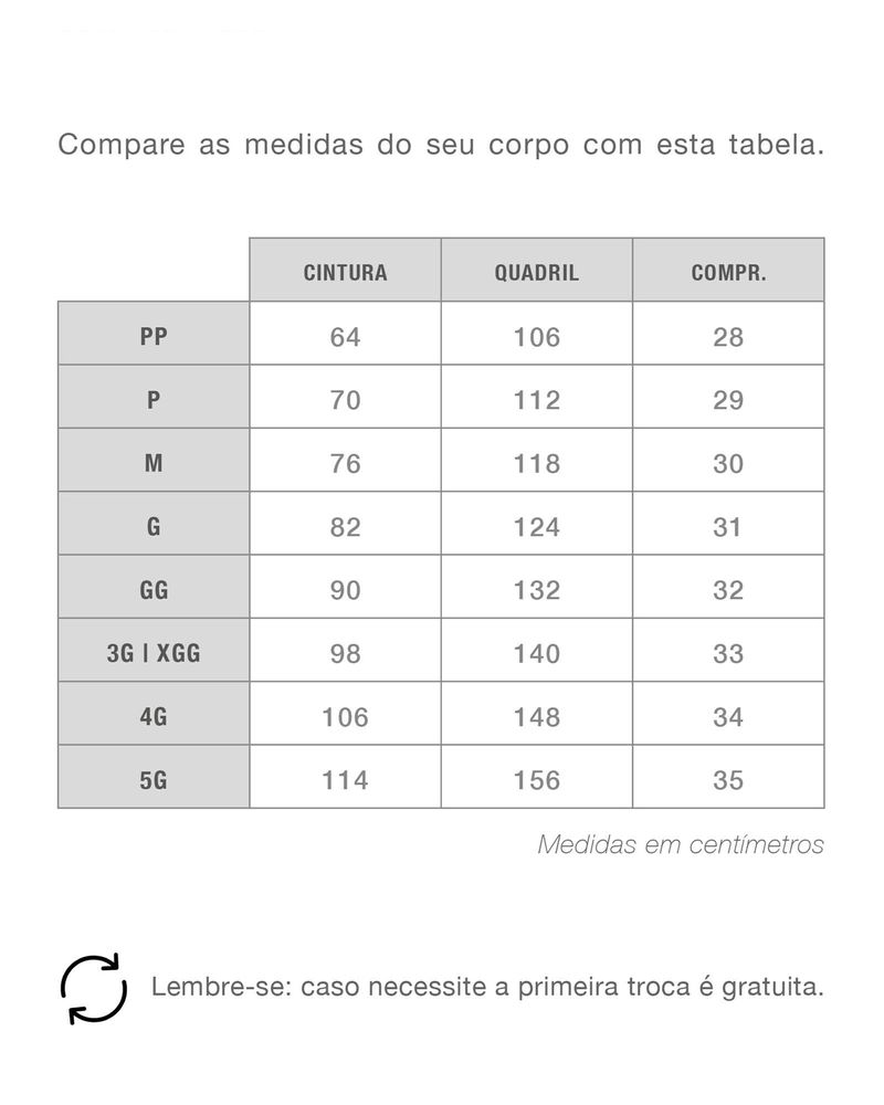 Tabela de medida shorts de elástico hype preto 