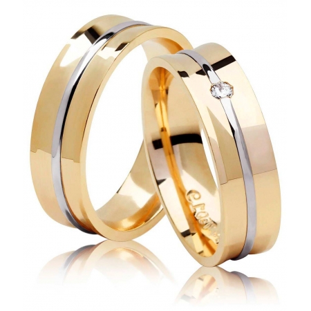 Alianças de casamento Joe ouro amarelo e branco côncava com diamante (5.70mm)
