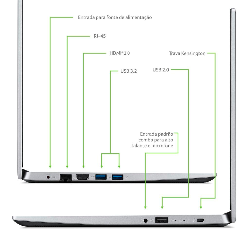 Notebook Acer A314 Intel Celeron N4500 Memória 8gb Ssd480 gb Tela Full HD 14'' Windows 11 Pro