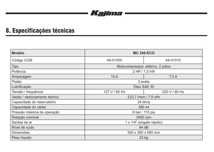 Compressor 2HP 24L 7,9cfm 8bar (Kajima MC240-ECO)