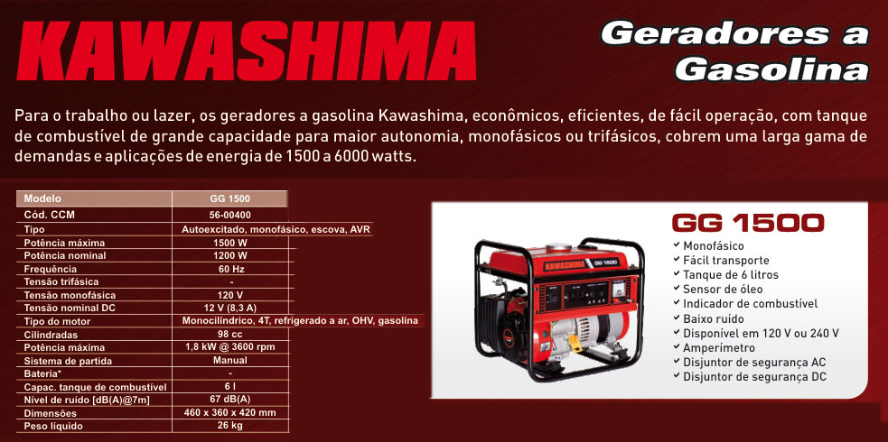 Gerador 1500W 110V Kawashima GG 1500