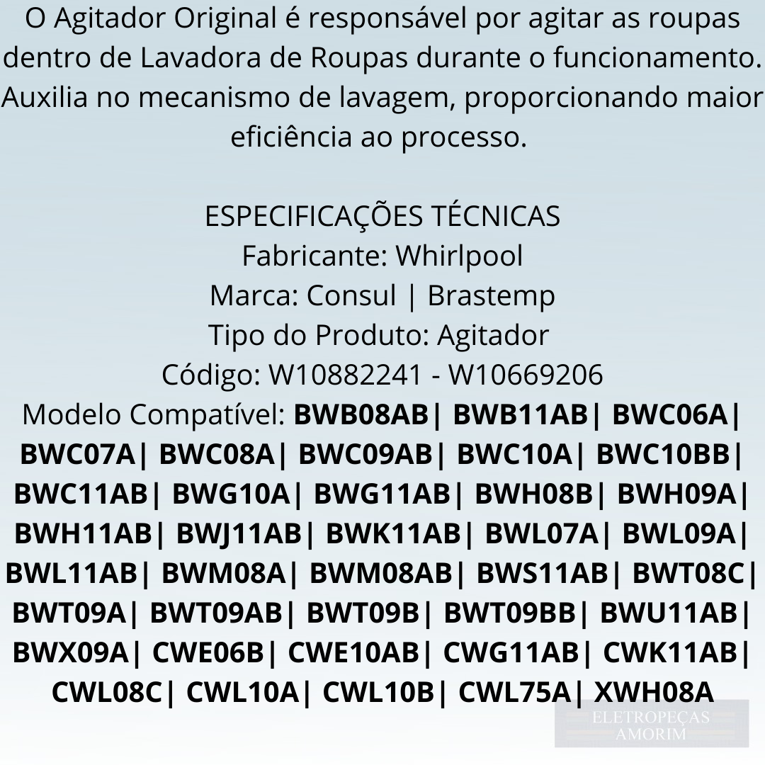 Agitador 8 Blades Pás Lavadora Brastemp Consul Original Maquina de Lavar Serve W10882241 Modelo Compatível W10669206