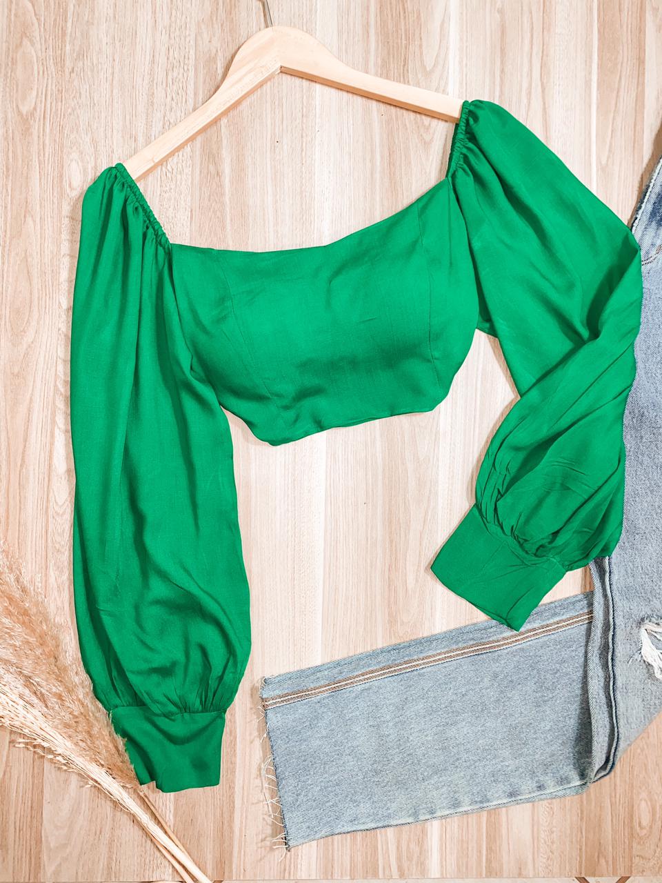 Cropped Manga Longa Bufante de amarrar costas Verde Bandeira