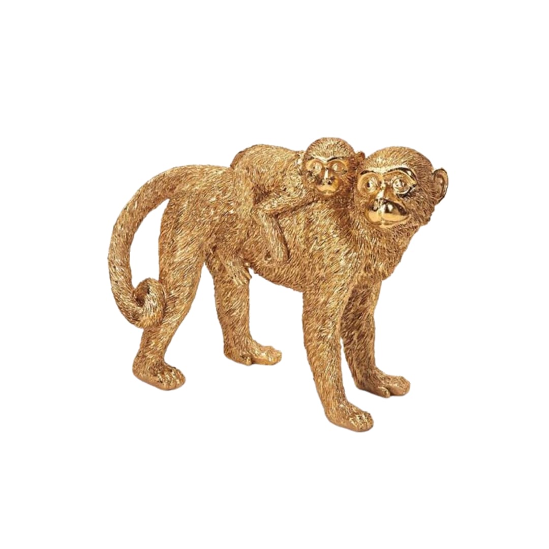 Escultura Macaco/Filho Poliresina Dourado