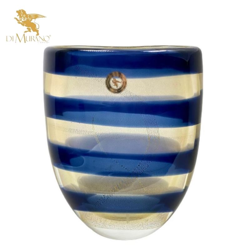 Vaso Com Faixa Azul Marinho Com Ouro Transparente Di Murano - 23 cm x 11 cm x 29 cm