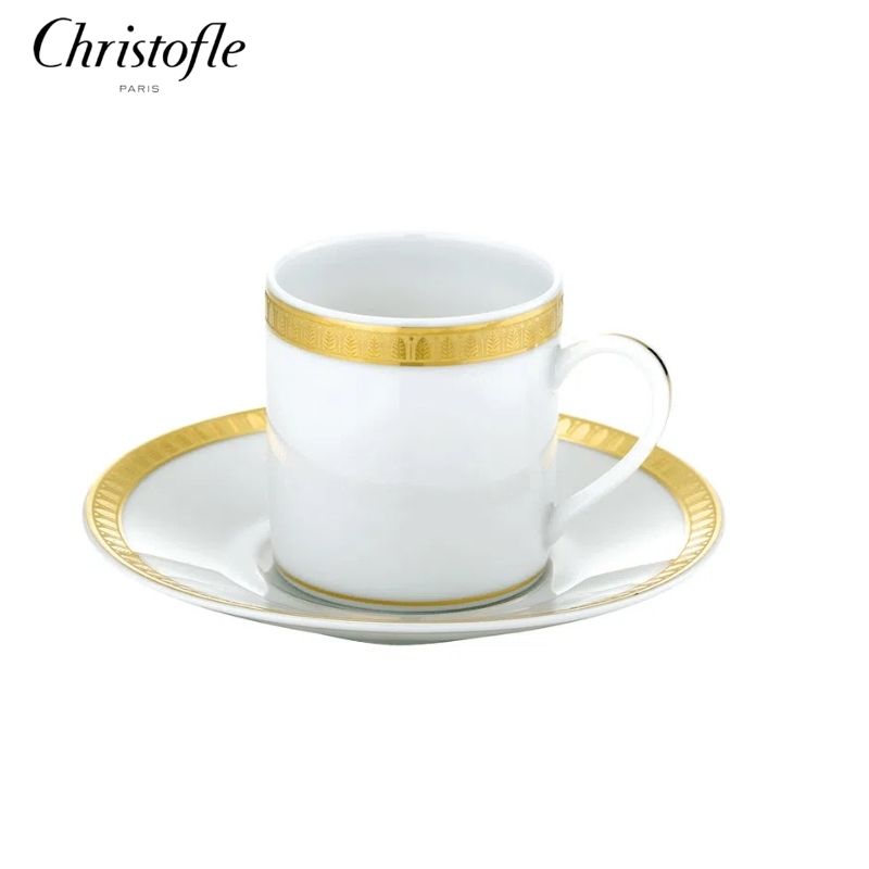 Xícara de Café com Pires Malmaison 100 ml Porcelana Branco com Filete Ouro Christofle