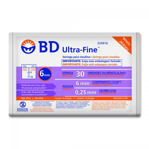 Seringa Insulina BD 0,3cc 6mm Ultra Fine II c/ 10 - REF 324916