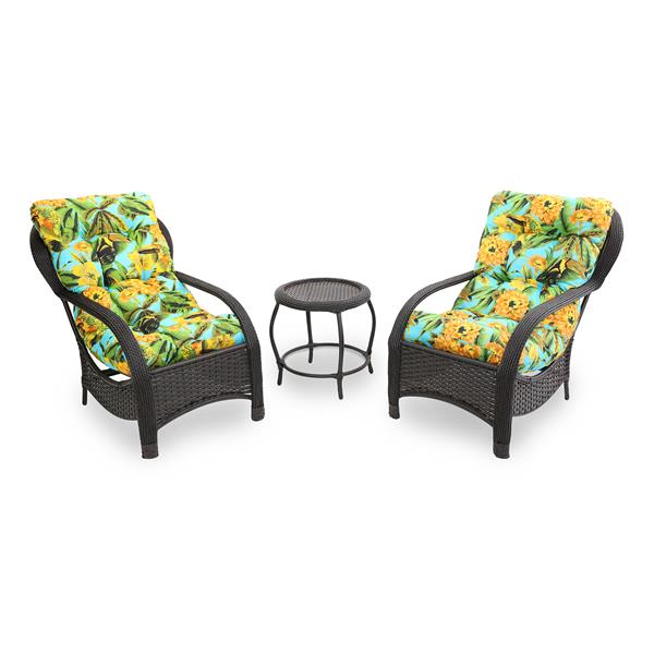 2 Cadeiras de Fibra Com Mesa e Almofadas Flor Amarela