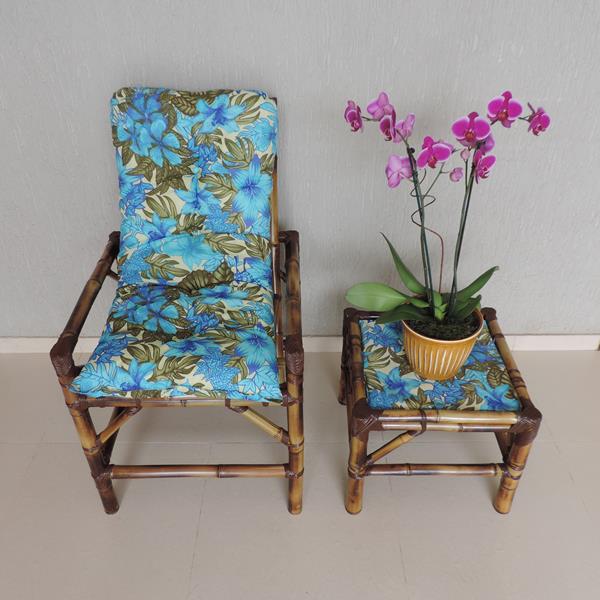 Cadeira de Bambu 1 Lugar com Almofada Flor Azul