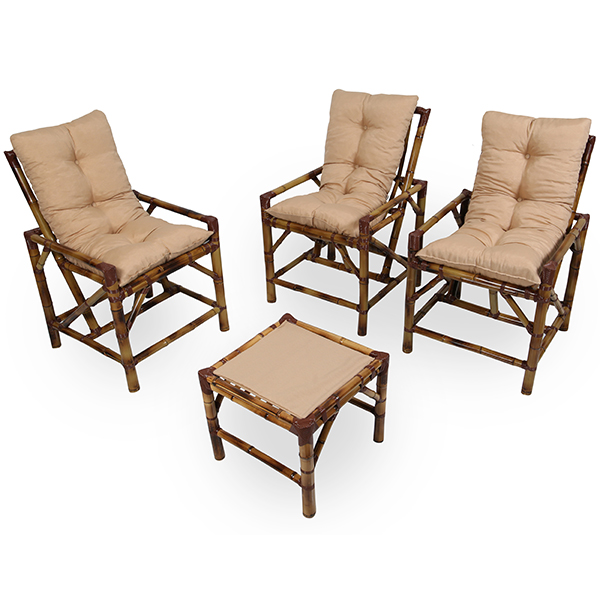 Kit Cadeiras de Bambu 3 Lugares com Almofadas Nude