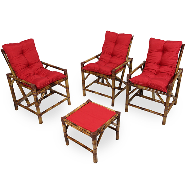 Kit Cadeiras de Bambu 3 Lugares com Almofadas Vermelha
