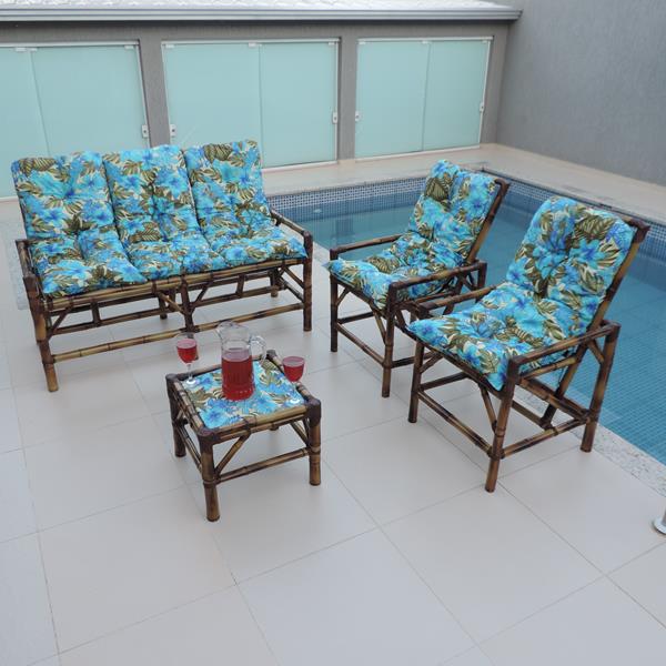 Kit Sofá e Cadeiras de Bambu 5 Lugares com Almofadas Flor Azul