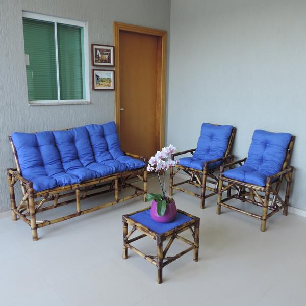 Kit Sofá e Cadeiras de Bambu 5L com Almofadas Azul
