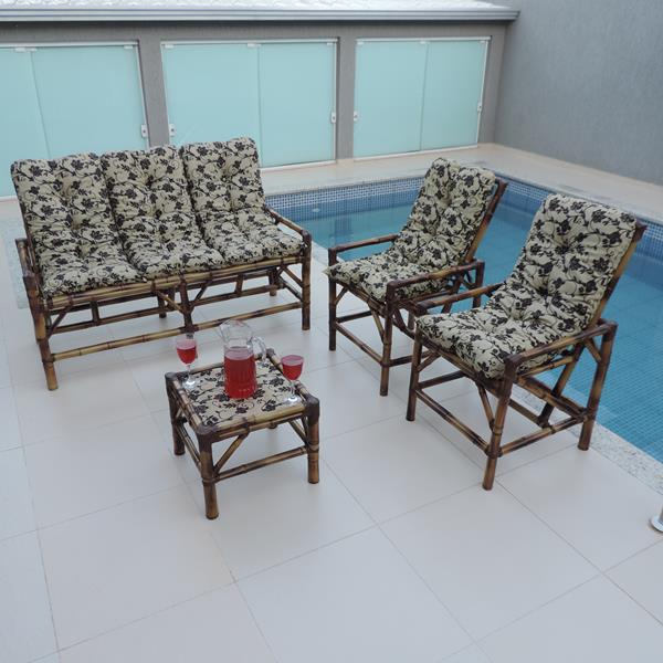Kit Sofá e Cadeiras de Bambu 5L com Almofadas Flor Marrom