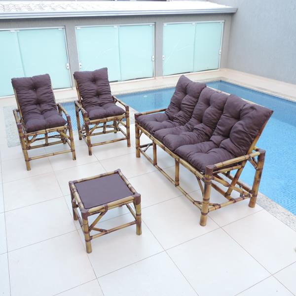 Kit Sofá e Cadeiras de Bambu 5L com Almofadas Marrom