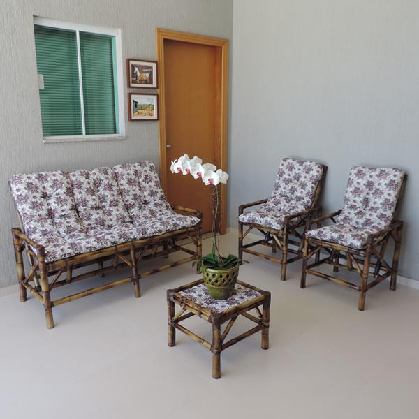 Kit Sofá e Cadeiras de Bambu 5L com Almofadas Mini Rosa