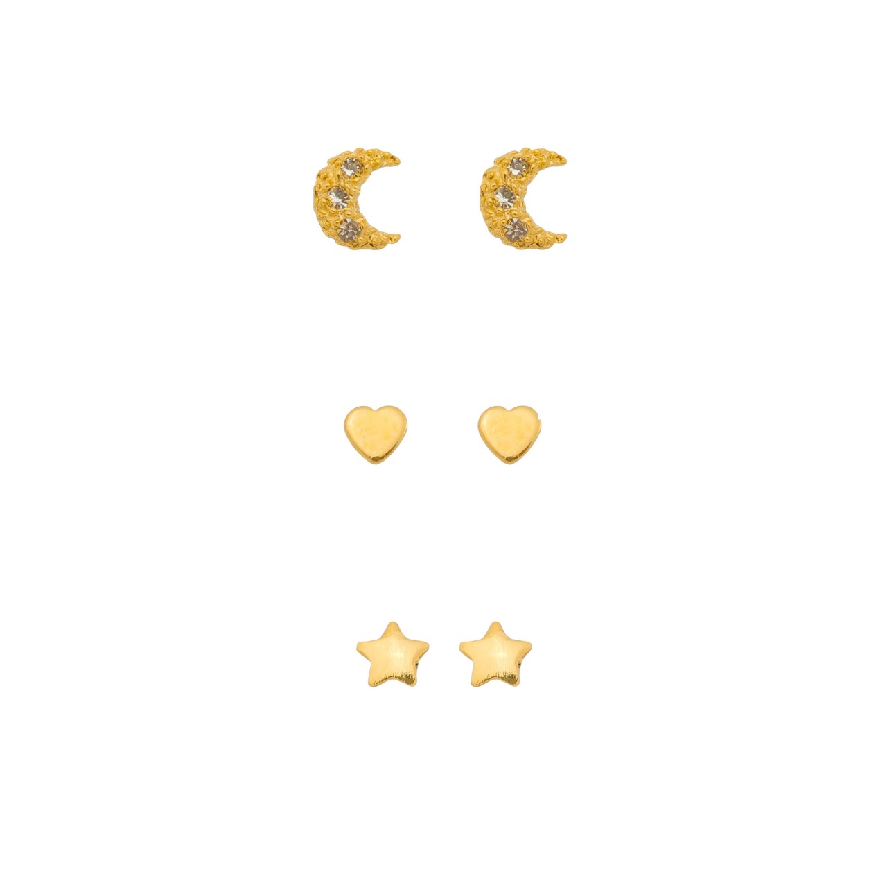 Trio de Brincos Místico Lua, Coração e Estrela Banhado a Ouro 18K