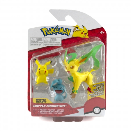 3 bonecos Pokémon Pikachu, Leafeon e Wynaut