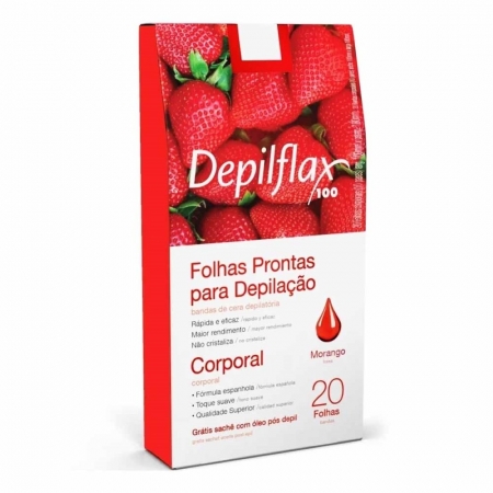 20 Folhas de Cera Depilatória Corporal Morango - Depilflax
