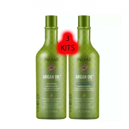 3 Kits Shampoo de Hidratação e Bálsamo Condicionador Argan Oil 1 Litro - Inoar