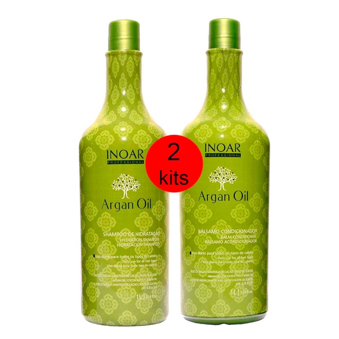 2 Kits Shampoo de Hidratação e Bálsamo Condicionador Argan Oil 1 Litro - Inoar