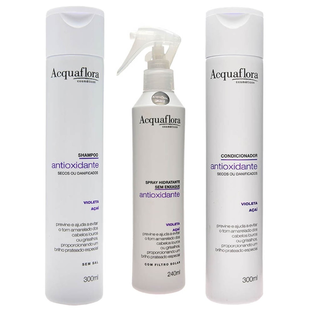 Kit Antioxidante Shampoo Condicionador Cabelos Secos e Danificados Spray - Acquaflora