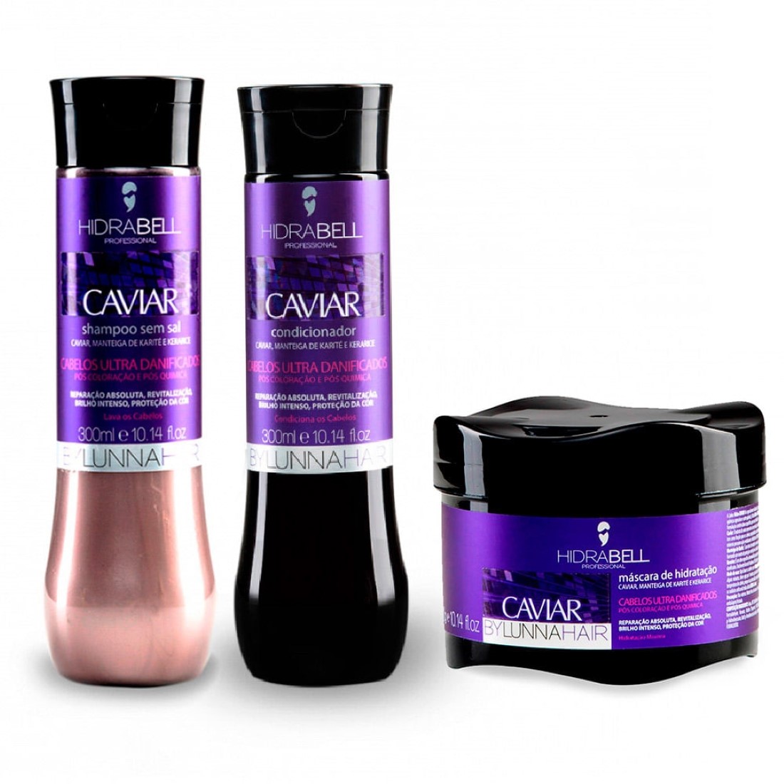 Kit Hidra-Caviar Shampoo Condicionador e Máscara 300ml - Hidrabell