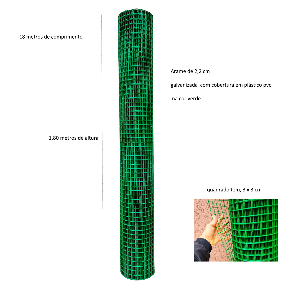 Tela Revestida PVC Alambrado cerca malha 3x3 2.2 mm  1,80 Altura 18M de comprimento