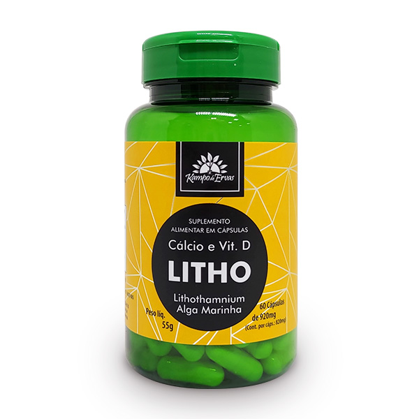 Litho Lithothamnium Alga Marinha Suplemento de Cálcio com Vitamina D (2000UI) com 60 cápsulas de 820mg