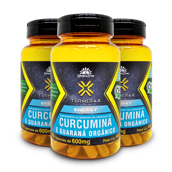Turmerax Energy Cápsulas de Curcumina com Guaraná e Gengibre Orgânicas (60cps de 600mg) - Kit c/ 3 potes