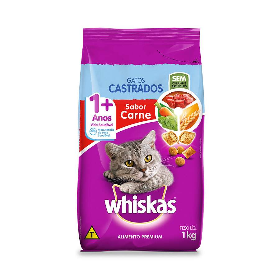 Ração Whiskas para Gatos Adultos Castrados Sabor Carne