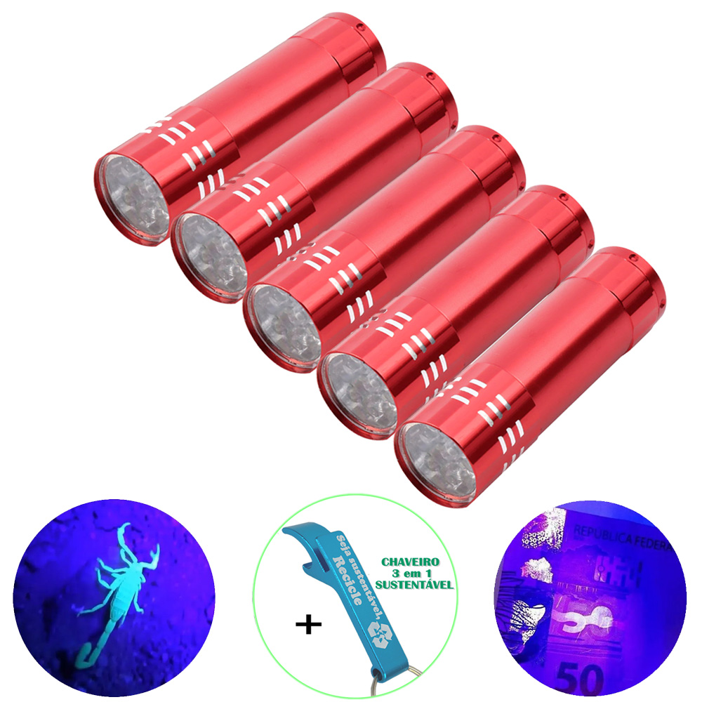 Detector de Dinheiro Falso Escorpião 9 LEDs UV Kit 5 Peças Vermelho + Chaveiro CBRN19441