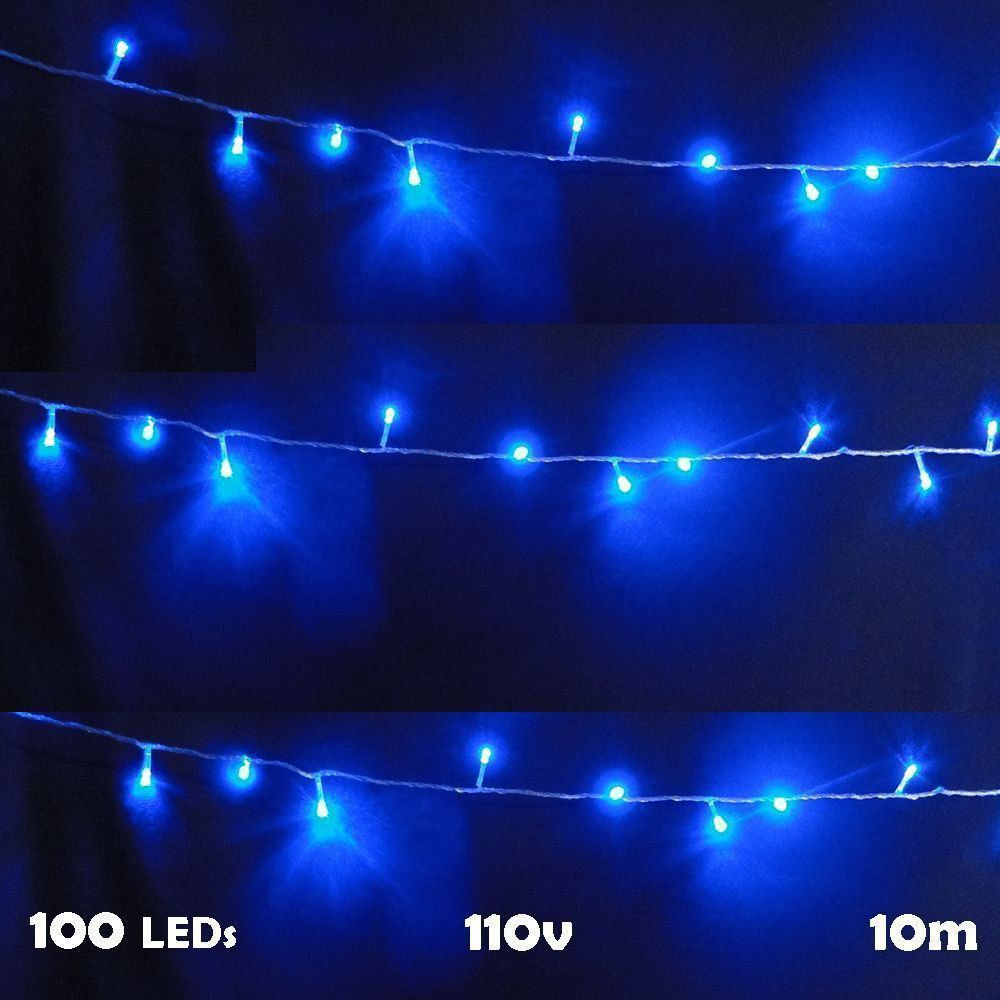 Pisca Pisca 100 LEDs 10m Azul 110v 4 Fases Fio Transparente 1040