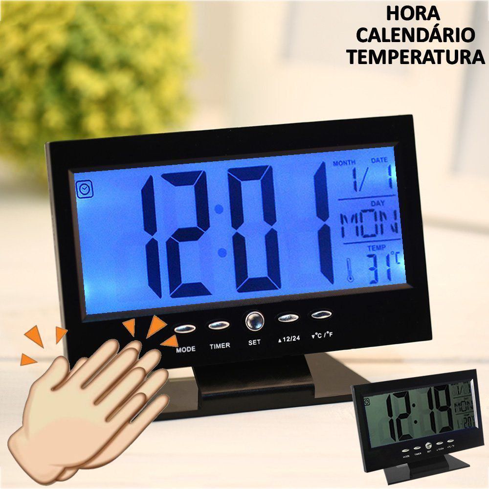 Relógio de mesa digital lcd led acionamento sonoro despertador termometro PRETO CBRN01422