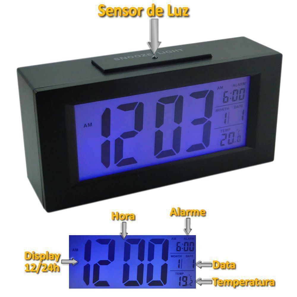 Relógio Digital sensor luz PRETO CBRN01583