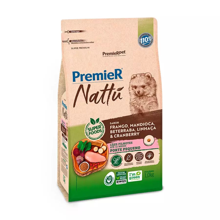 Ração Premier Nattu para Cães Filhotes de Raças Pequenas Sabor Mandioca - 1Kg