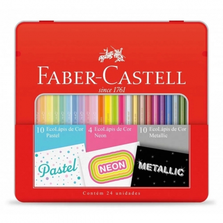 Lápis de Cor Estojo Metálico 24 Cores nos Tons Pastéis/Neon/Metallic Faber-Castell