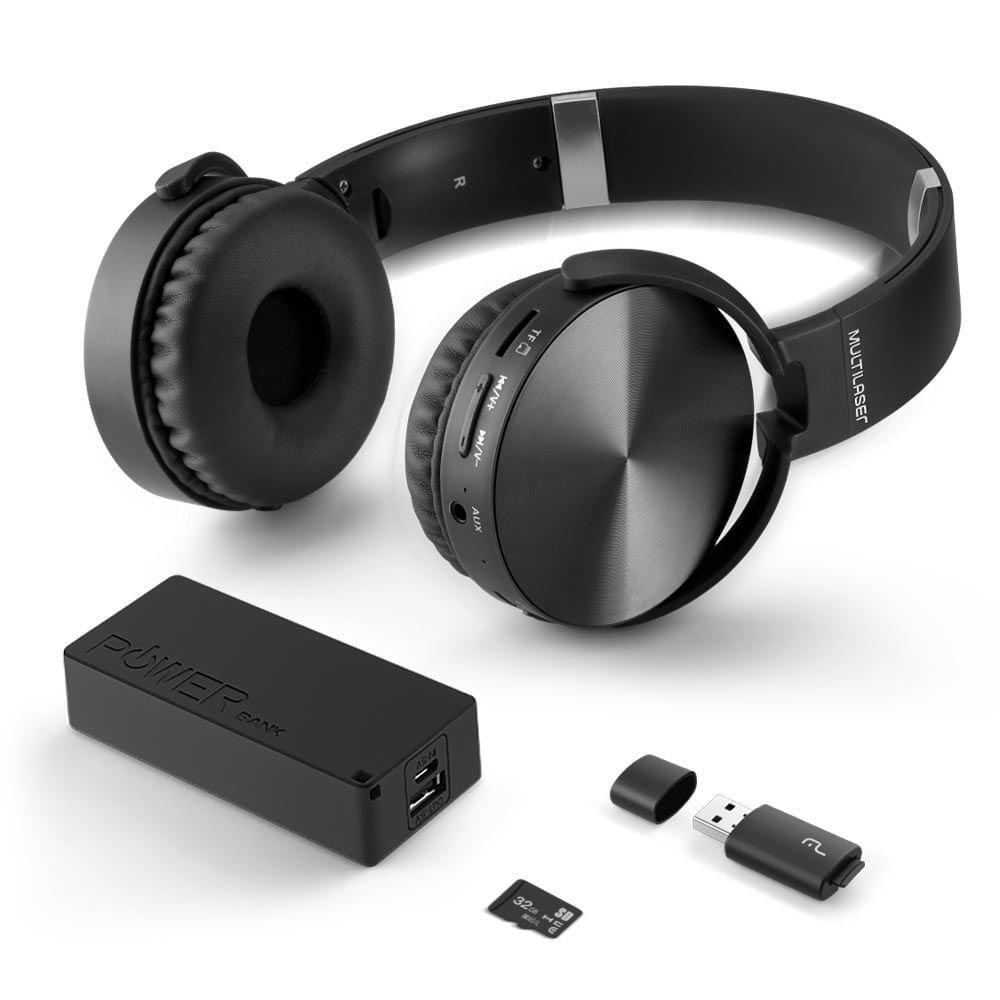 Fone Headphone Bluetooth SD Aux Fm Power Bank 4000 Mah+Leitor Usb +Micro Sd32Gb C10 - MC250 - Districomp Distribuidora