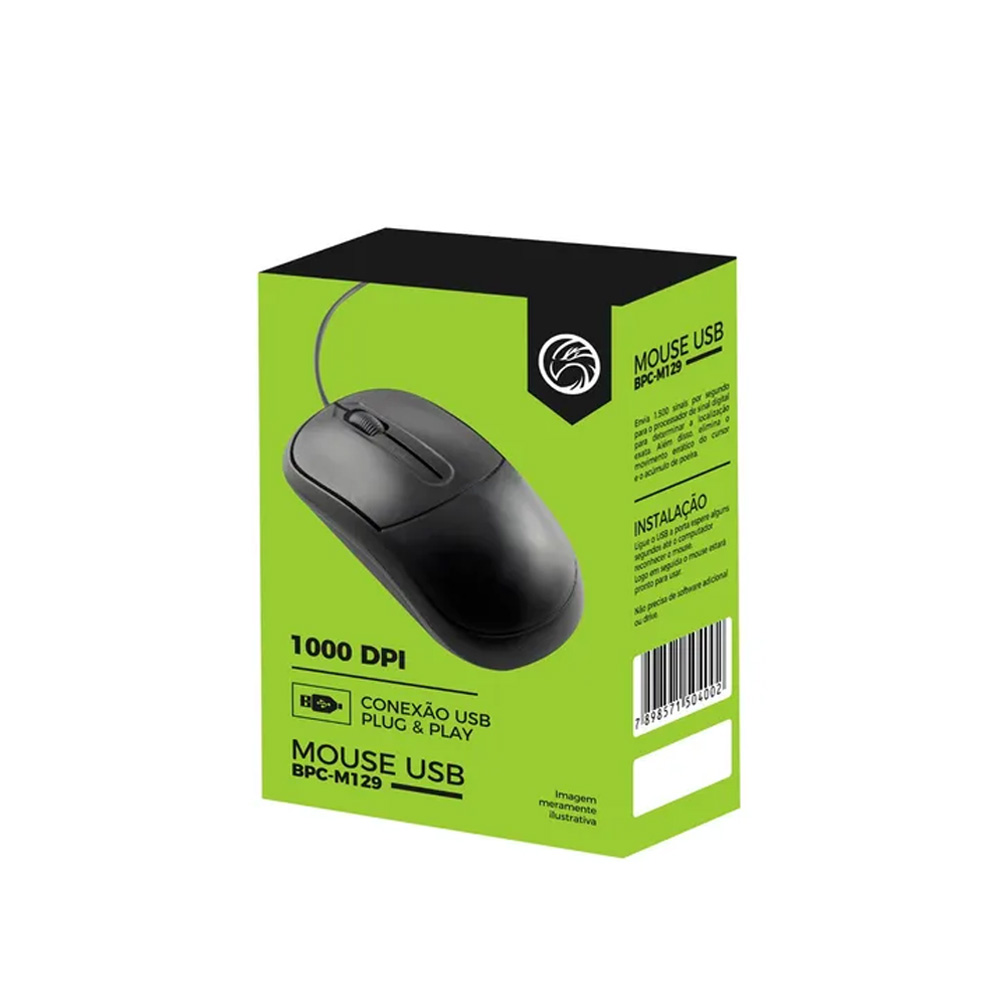 Mouse Usb Optico Brazilpc Bpc-N129 1000 Dpi Preto 1.2M (100x59x35) Box - Districomp Distribuidora