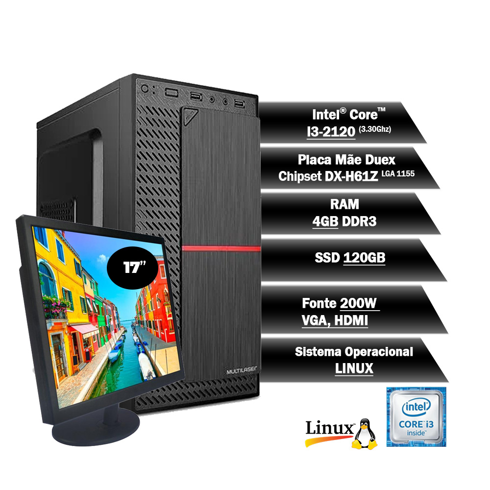 PC Computador Desktop Core I3-2120 4GB SSD 120GB - Linux + Monitor 17"  - Districomp Distribuidora